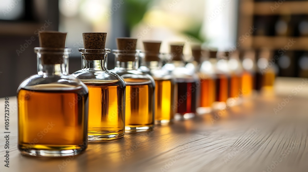 A row of glass bottles filled with various shades of amber liquid, likely oils or flavored extracts. A row of glass bottles filled with various shades of amber liquid, likely oils or flavored extracts.