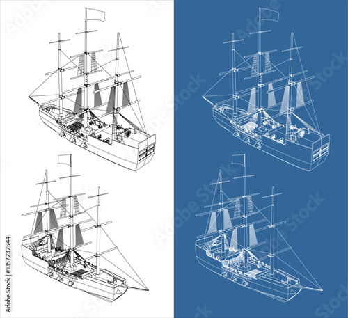 Big pirate ship line vector technical drawing blueprint isolated on transparent background