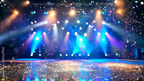 Stage with lights and confetti falling from the ceiling. Scene is celebratory and festive