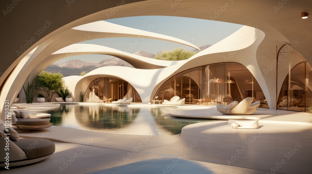 Fototapeta premium Modern Futuristic Hotel Architecture With Curved Design and Palm Trees Surrounding.