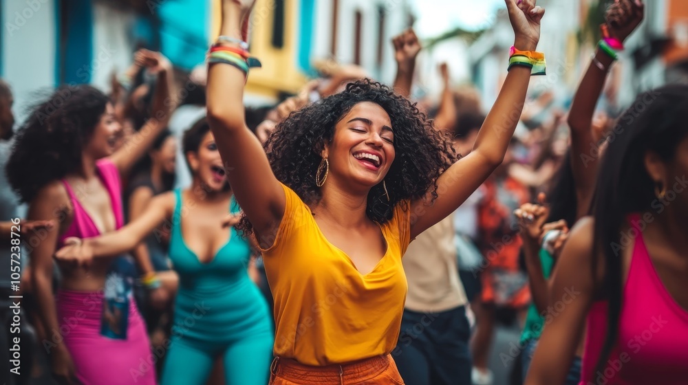 Fototapeta premium Celebrating Life: Energetic Street Party with Vibrant Dancers in Sharp Focus