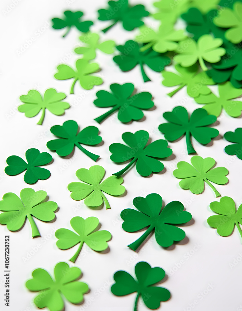 Paper Shamrock Decorations in Various Green Shades on White Background Paper Shamrock Decorations in Various Green Shades on White Background