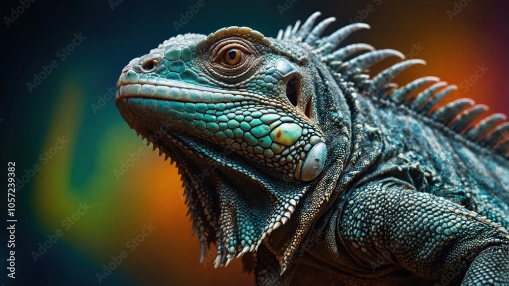 A close-up of a vibrant iguana showcasing its detailed scales and colors. A close-up of a vibrant iguana showcasing its detailed scales and colors.