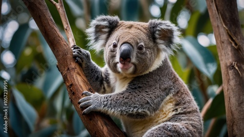 A koala perched on a tree branch, surrounded by green foliage.
