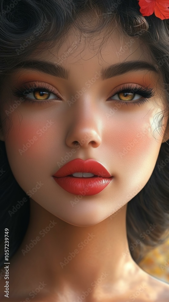 Fototapeta premium Vivid Red Lipstick, Ethereal Eyes, and Soft Flower Accessories - Modern Portrait Art