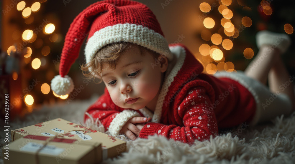 Adorable Child Enjoying Christmas Moment with Gifts and Cozy Firelight Ambiance Adorable Child Enjoying Christmas Moment with Gifts and Cozy Firelight Ambiance