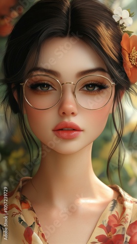 Stylish Portrait of a Female Character with Modern Glasses, Flower Accessory