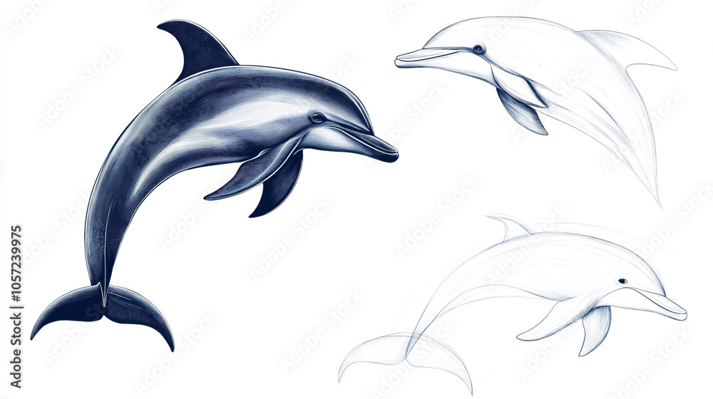 Fototapeta premium Illustration of three dolphins with different shading styles on a white background, showcasing detailed anatomical features and fluid motion.