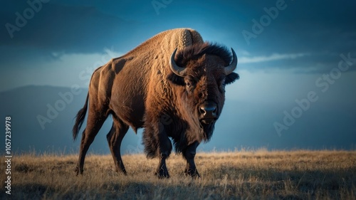 A majestic bison stands on a grassy plain against a dramatic sky.