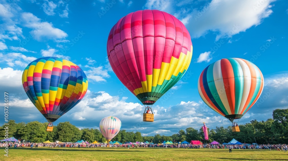 Fototapeta premium Vibrant Balloons Soaring at Groovy Outdoor Festival with Dynamic Energy and Sharp Focus