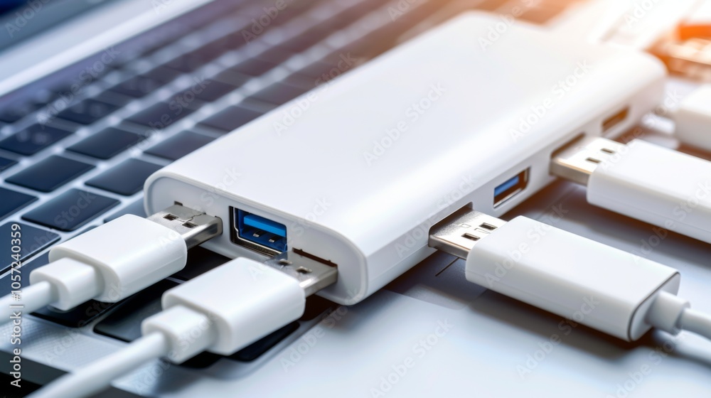 A Sleek USB hub with multiple ports connected to various devices, showcasing modern design and functionality in a tech-focused setup. A Sleek USB hub with multiple ports connected to various devices, showcasing modern design and functionality in a tech-focused setup.