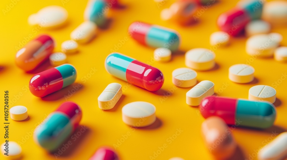 Colorful capsules and tablets on yellow background Colorful capsules and tablets on yellow background