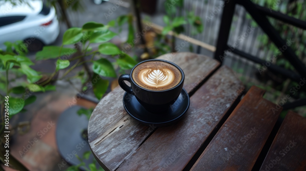 Cup of coffee sits on a wooden table with a leaf design on the saucer Cup of coffee sits on a wooden table with a leaf design on the saucer