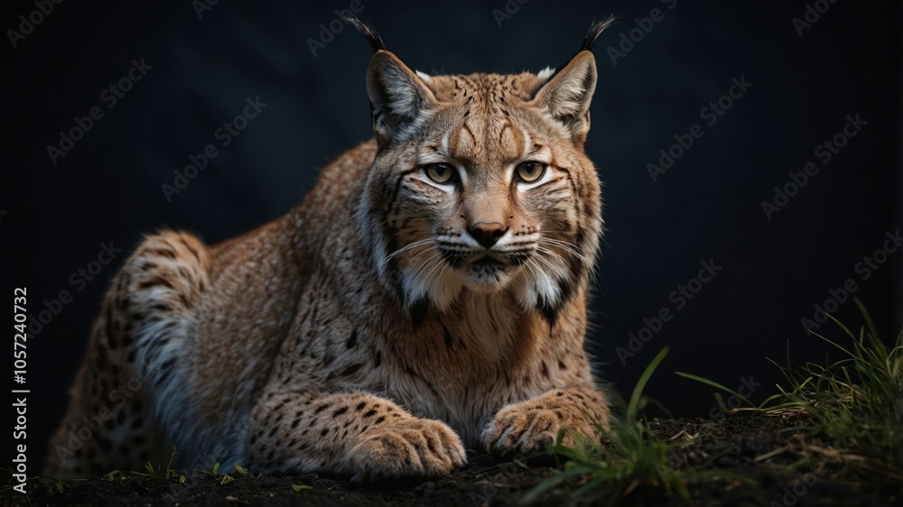 A close-up of a lynx resting on the ground, showcasing its striking features and fur. A close-up of a lynx resting on the ground, showcasing its striking features and fur.