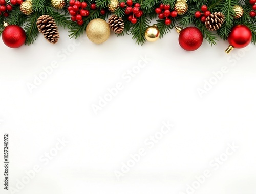 Festive holiday border with green branches, red berries, pine cones, and ornaments. Traditional Christmas theme on a white backdrop.