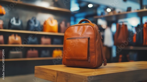 A stylish brown leather backpack displayed on a wooden table in a store.