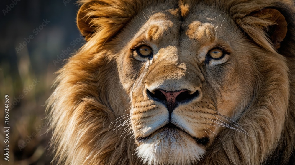 Close-up of a majestic lion showcasing its powerful features and intense gaze. Close-up of a majestic lion showcasing its powerful features and intense gaze.