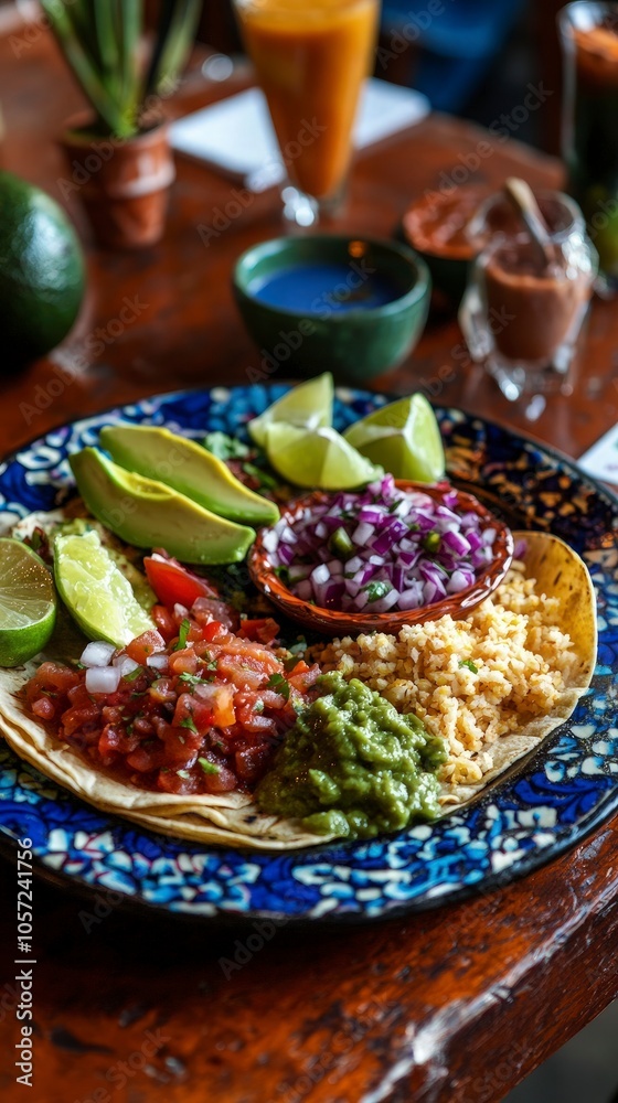 Colorful taco platter with avocado, salsa, and lime wedges, Mexican-style, festive ambiance Colorful taco platter with avocado, salsa, and lime wedges, Mexican-style, festive ambiance