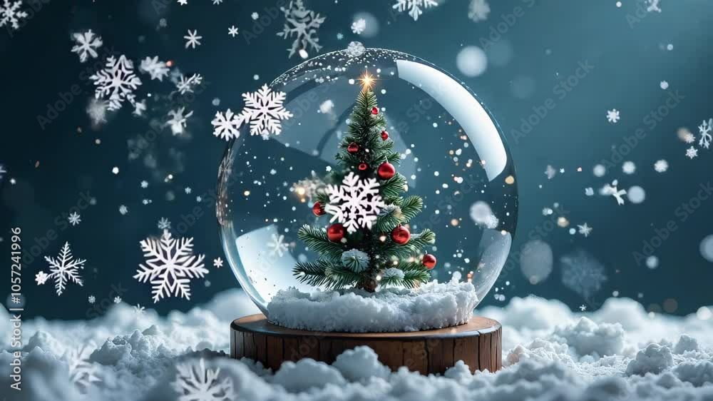 The snow globe with Christmas tree inside. Christmas themed background