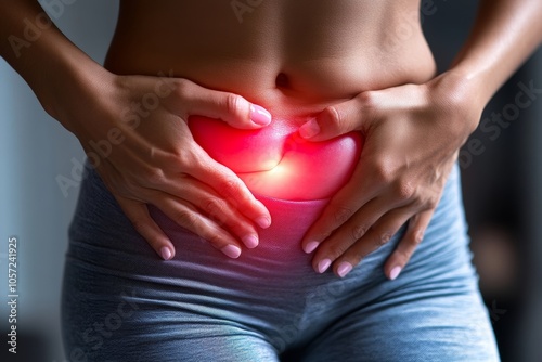 Wallpaper Mural woman having painful lower stomach and hands holding pressing her crotch lower abdomen, Generative AI Torontodigital.ca