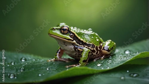 A vibrant green frog perched on a leaf, surrounded by droplets of water.