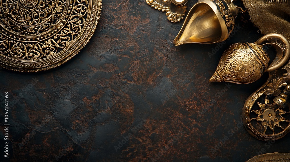 A collection of ornate brass items arranged on a textured dark surface. A collection of ornate brass items arranged on a textured dark surface.