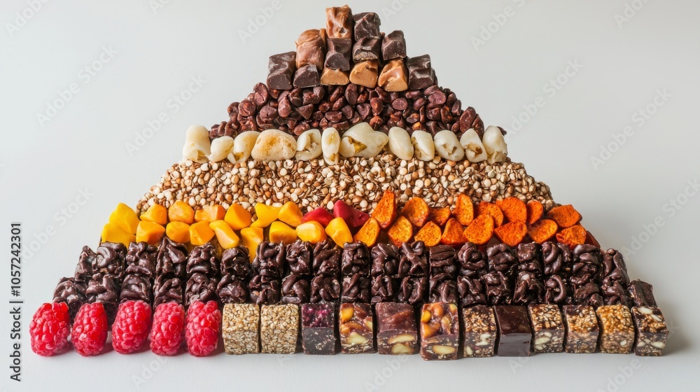 Pyramid of energy bars and protein snacks, arranged by flavor and color