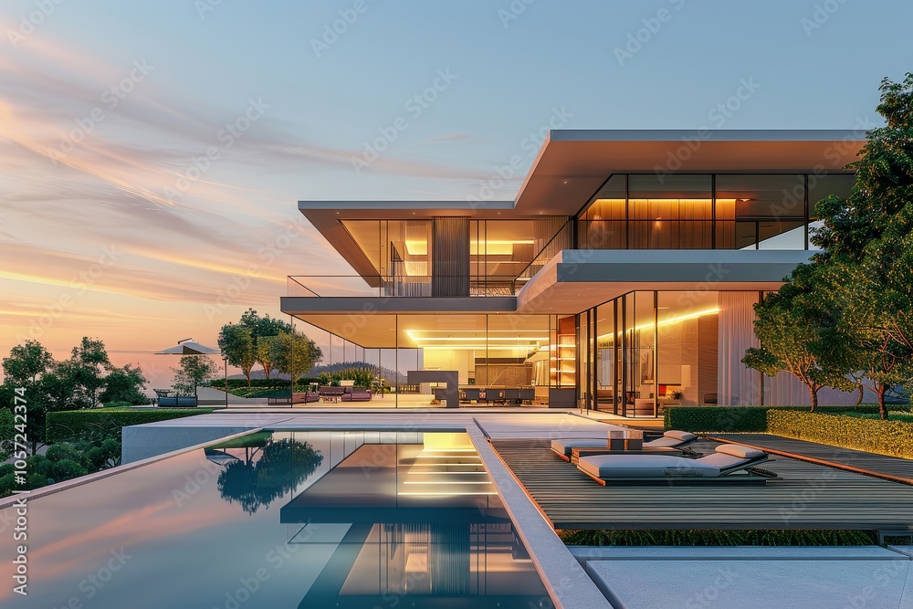 Obraz premium Luxurious modern house with sleek design and outdoor pool area featuring clean lines contemporary architecture and well-manicured lawn.