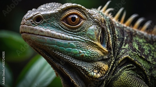 Close-up of a vibrant green lizard with detailed scales and a striking eye.