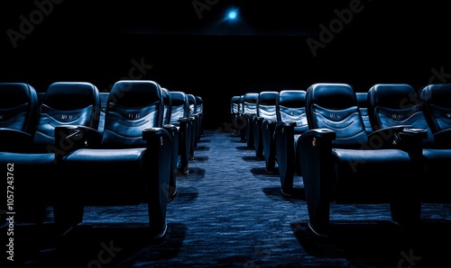 A row of empty movie theater seats in a dark room resembles a sleek automotive tire pattern, with the soft hum of gas and the shimmering glass reflecting artful font on the automotive window part