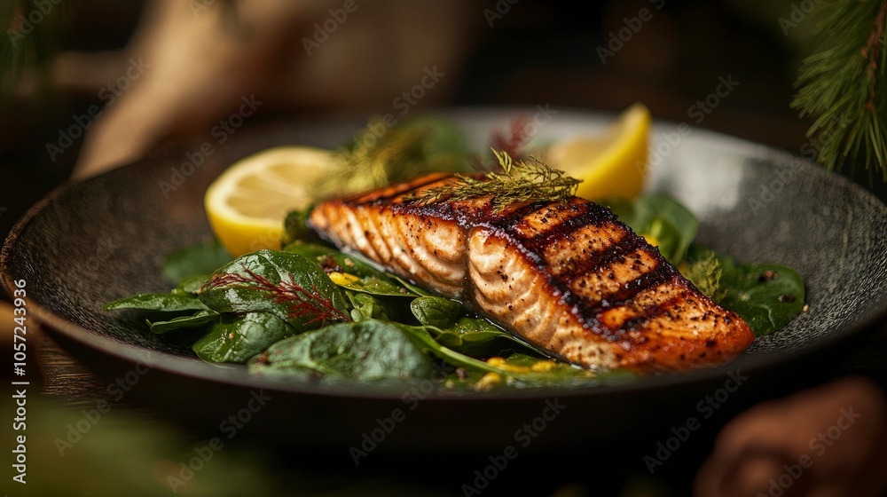Freshly grilled salmon on a bed of spinach and lemon wedges, elegant plating, soft light Freshly grilled salmon on a bed of spinach and lemon wedges, elegant plating, soft light