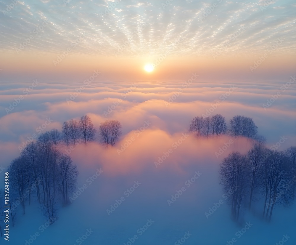 Extensive winter landscape in the morning mist, gentle wafts of mist, mystical atmosphere Extensive winter landscape in the morning mist, gentle wafts of mist, mystical atmosphere