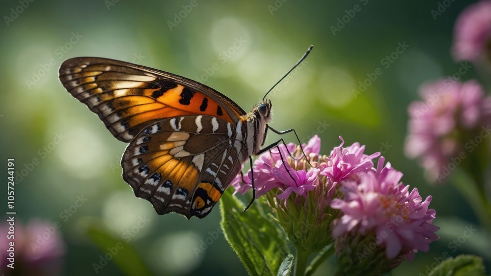 A vibrant butterfly perched on a pink flower in a lush, blurred background. A vibrant butterfly perched on a pink flower in a lush, blurred background.