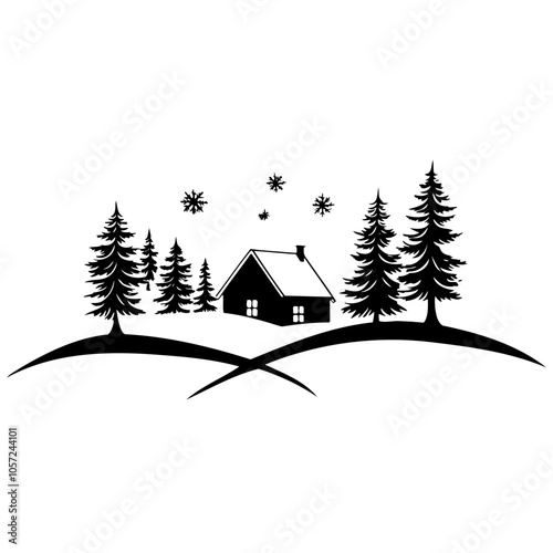 Snowy winter scene with a cozy cabin surrounded by tall pine trees and falling snowflakes.
