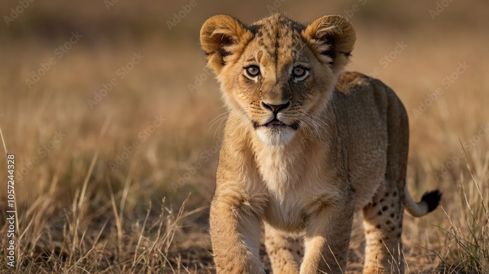 A young lion cub walks through tall grass, showcasing its playful and curious nature.