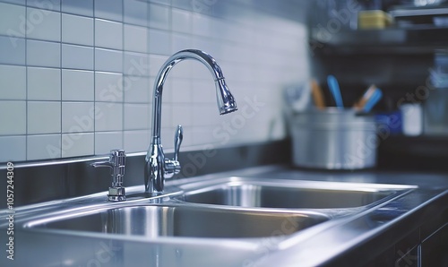 A stainless steel kitchen sink with a faucet is installed on a counter, providing a modern look to the buildings plumbing fixtures