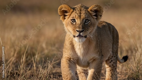 A young lion cub walks through tall grass, showcasing its playful and curious nature.