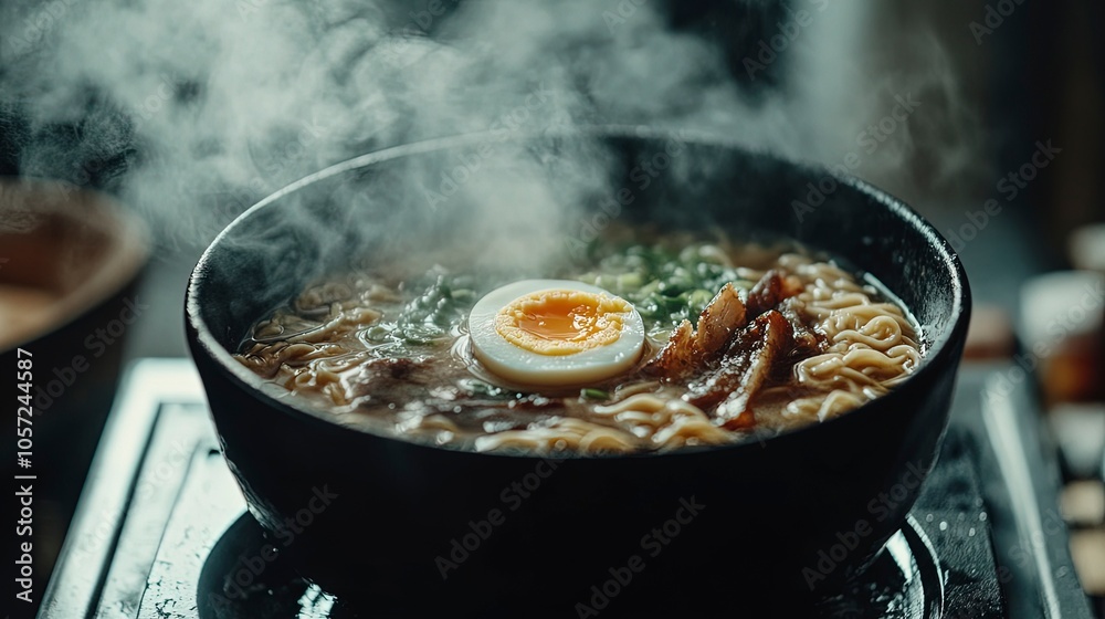 Ramen noodles in a rich broth with egg, pork belly, and scallions, steam rising, moody lighting Ramen noodles in a rich broth with egg, pork belly, and scallions, steam rising, moody lighting