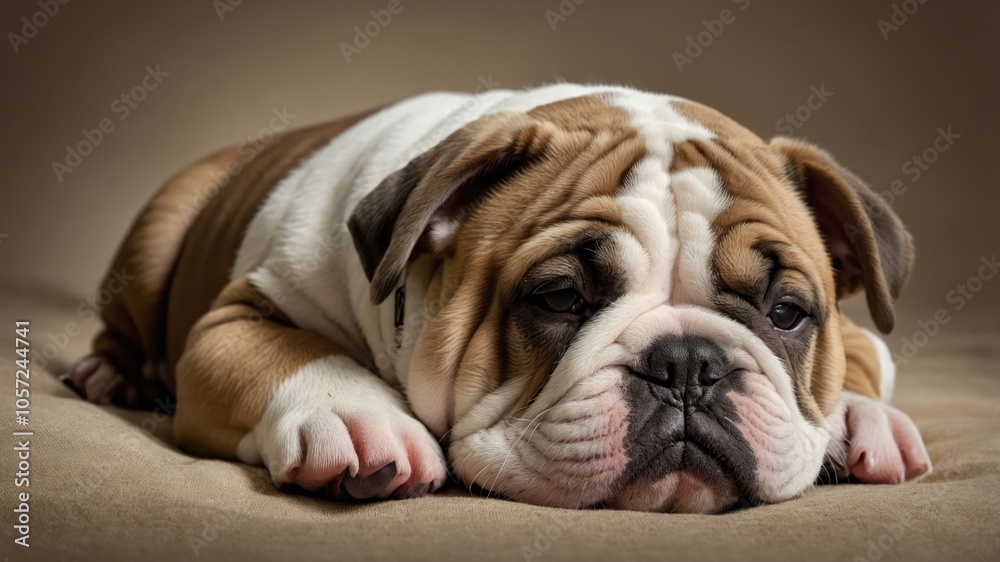 A close-up of a sad-looking bulldog puppy resting on a soft surface. A close-up of a sad-looking bulldog puppy resting on a soft surface.