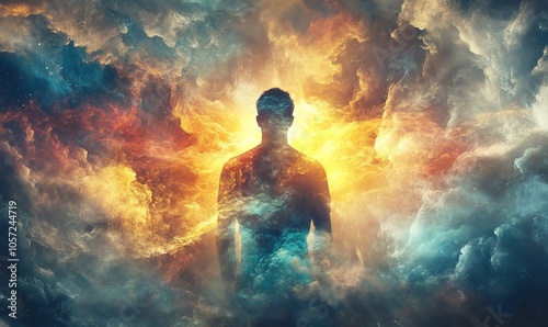 A surreal image of a figure surrounded by a glowing, pulsating aura, illustrating the presence of powerful life force energy and spiritual vitality