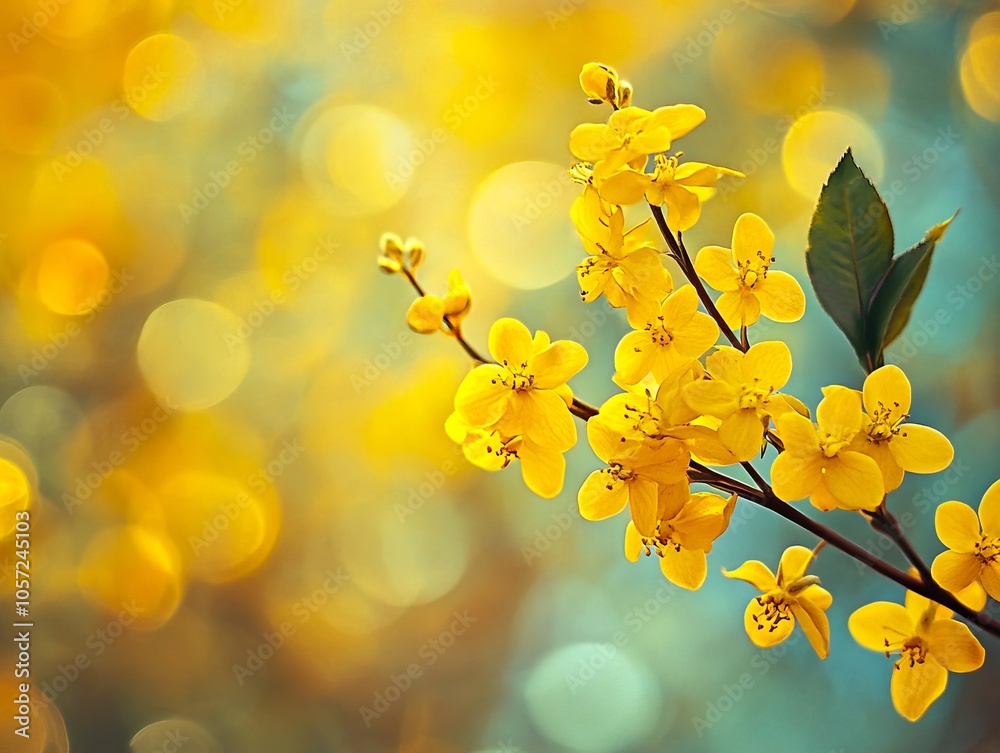 A bunch of yellow flowers on a tree branch A bunch of yellow flowers on a tree branch