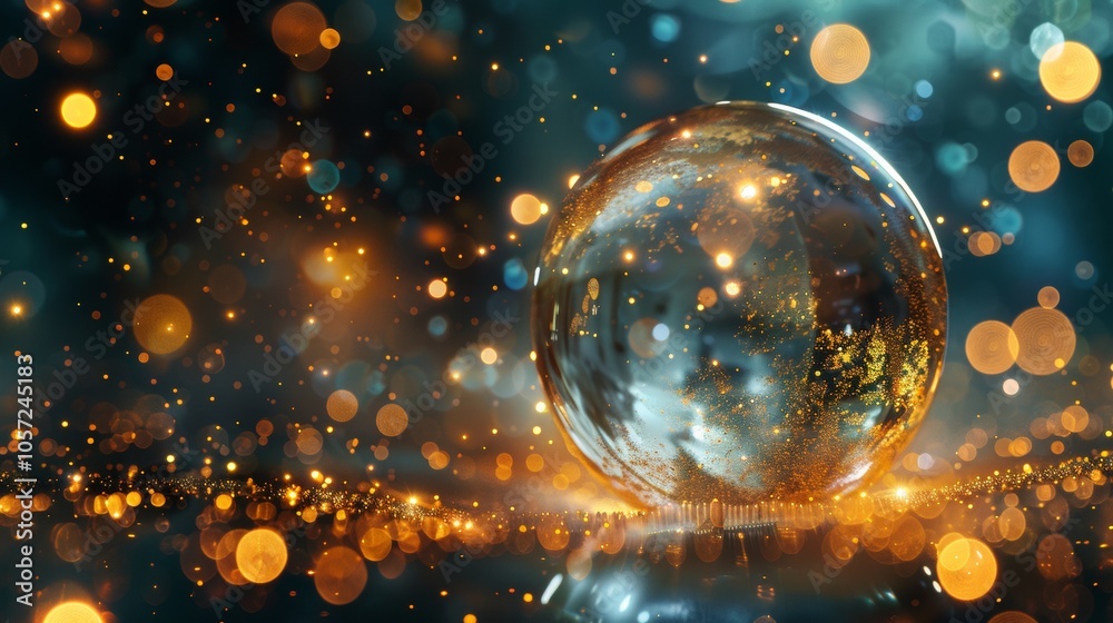 Crystal ball with golden bokeh lights in magical scene Crystal ball with golden bokeh lights in magical scene