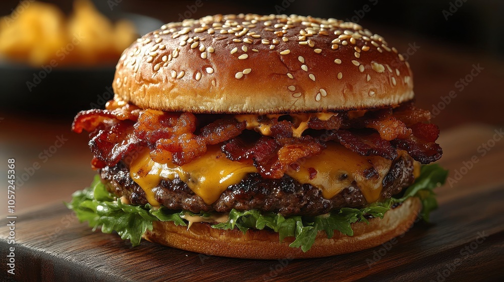 Gourmet burger indulgence, melted cheese, crispy bacon, toasted sesame bun, served on rustic wooden board Gourmet burger indulgence, melted cheese, crispy bacon, toasted sesame bun, served on rustic wooden board