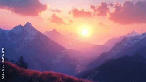 Serene sunset over majestic mountains and valleys.