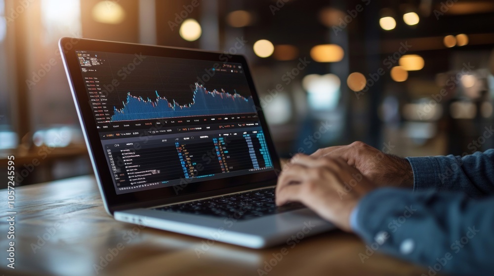 Stock market analysis on laptop screen in cozy setting