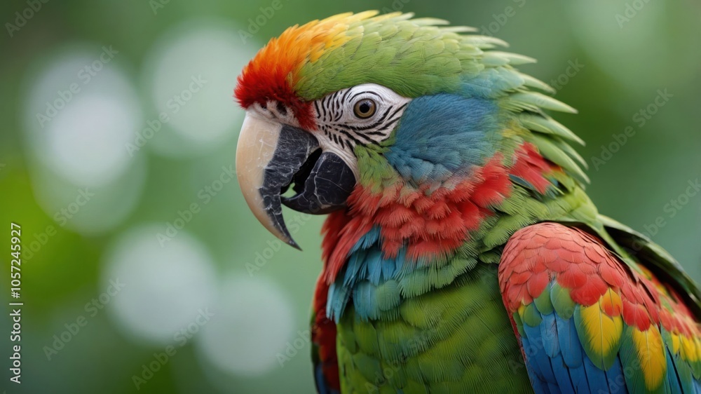 A vibrant parrot with colorful feathers perched against a blurred green background. A vibrant parrot with colorful feathers perched against a blurred green background.