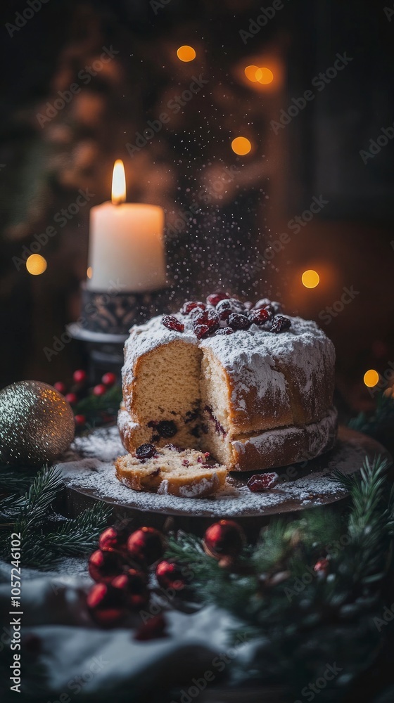 Traditional Italian panettone with a light dusting of powdered sugar, sliced to show golden, fluffy texture with dried fruits, surrounded by Christmas decorations, cozy low lighting