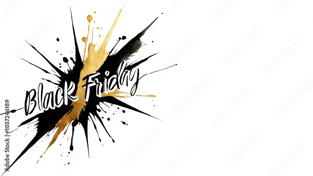 Black Friday Ink Splash: A dynamic and artistic image of a black and gold ink splash with the words Black Friday. Copy Space. Illustration. 3 Black Friday Ink Splash: A dynamic and artistic image of a black and gold ink splash with the words Black Friday. Copy Space. Illustration. 3