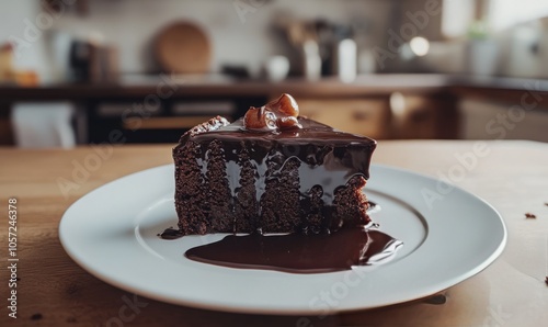 Rich chocolate cake drizzled with warm chocolate sauce on a white plate in a cozy kitchen setting