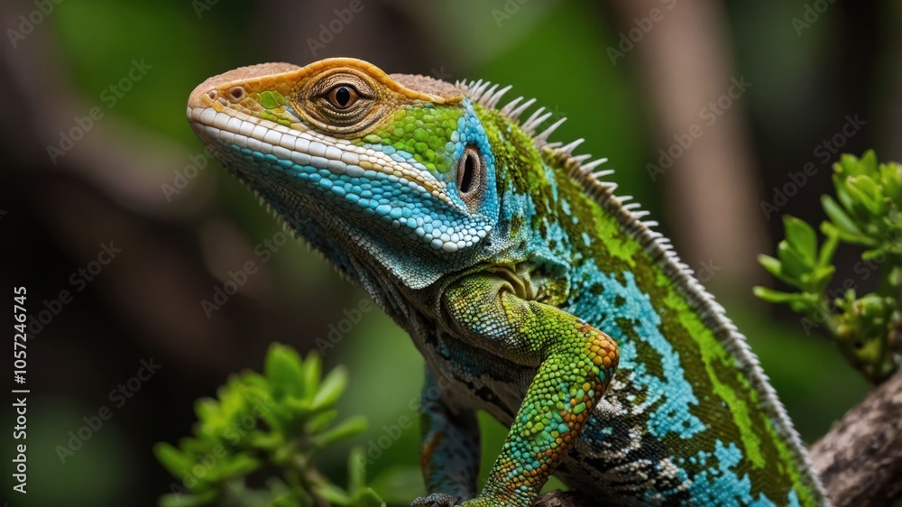 A vibrant lizard perched on a branch, showcasing its colorful scales and natural habitat. A vibrant lizard perched on a branch, showcasing its colorful scales and natural habitat.